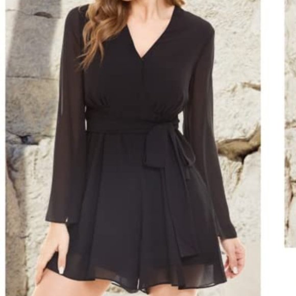 Long Sleeve Romper Chiffon Ruffle Hem - Picture 1 of 7